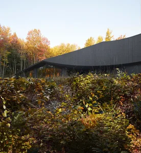 A clean, minimalist modern exterior of a house made of steel, nestled in a forest with autumn foliage.