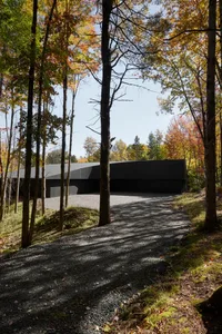A modern house with a metallic exterior surrounded by autumn trees.