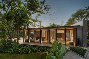 Modern house with wooden walls and glass windows