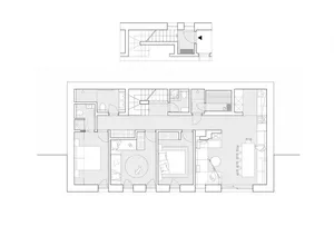 Detailed architectural drawing of a minimalist residential interior with specific room layouts and functional zones.
