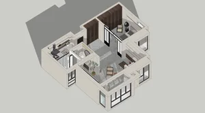Modern residential interior with concrete flooring, featuring a living space, bedroom, kitchen, and bathroom.