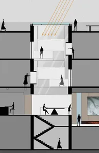 A schematic architectural drawing of a staircase section showcasing concrete materials.