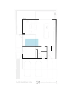 Minimalist floor plan showing a ground-level residential layout with a living room, kitchen, and access to an exterior area.