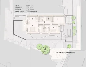 Floor plan of a modern house on the second floor, showcasing residential spaces such as bedrooms and toilets with light-color