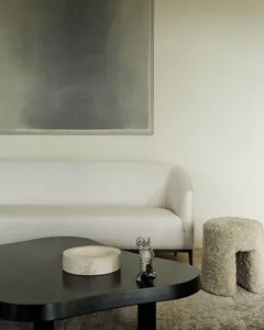 A modern living room featuring a beige upholstered sofa, a black coffee table with a concrete bowl and a small sculpture, and