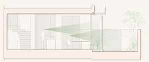 Floor plan of a modern residential space featuring glass walls and large windows.