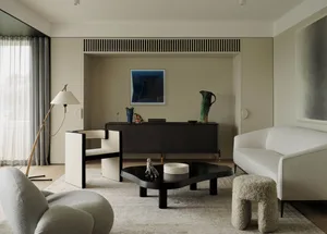 A minimalist residential interior featuring fabric, wood, stone, and ceramic materials.