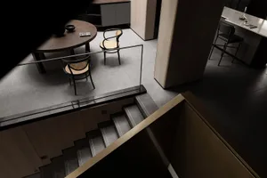 A modern residential interior featuring wood, glass, and metal materials.