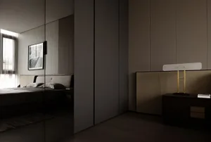 Modern, minimalist bedroom with neutral colors and a large window.