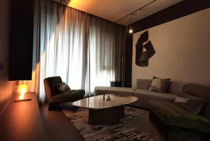 Modern living room with mixed materials and contemporary decor