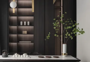 A modern minimalist interior with natural walnut wood and a marble countertop.