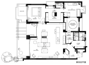 Floor plan of a modern, open-plan interior design focused on spatial efficiency and contemporary aesthetics.