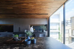 Modern residential kitchen featuring a marble countertop and minimalist design.