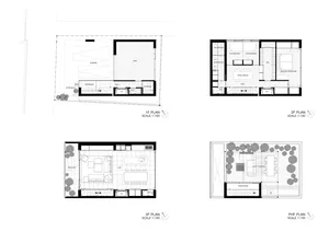 Floor plans of a modern residential interior designed with concrete.