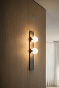 Modern, minimalist design wall lamp with two glass bulbs on a wooden wall.