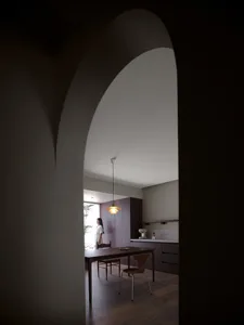 A minimalist residential kitchen with wood flooring and cabinets, featuring a modern pendant light fixture and a woman standi