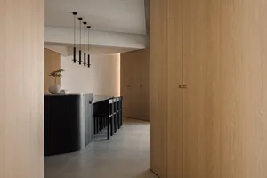 A modern interior space featuring minimalist wooden walls and black accents.