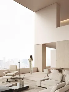 A minimalist living room featuring concrete walls, glass windows, and wood floors.