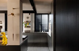 Modern kitchen with black and white color scheme and minimalist design