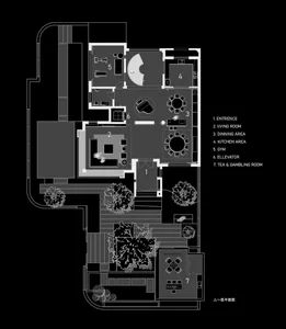 A black and white architectural floor plan of a modern interior design layout