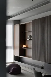 Modern living room featuring wooden storage elements and a cozy ambiance.