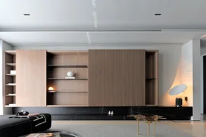 Modern living room with wooden furniture and marble accents