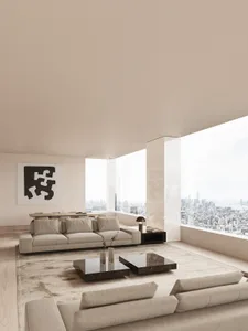 Modern minimalist living room featuring a large glass window, wooden floor, and marble furniture.