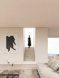 A modern minimalist interior design featuring a sleek marble staircase with a cityscape view.
