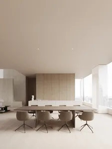 A modern minimalist meeting room with a wooden table and chairs, featuring a minimalist aesthetic with wood material.