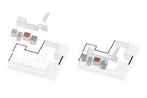 2D architectural drawing of a modern office interior with glass walls and a clear view of the floor plan.