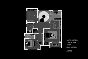 Floor plan of a modern residential space showing layout of rooms and spaces.