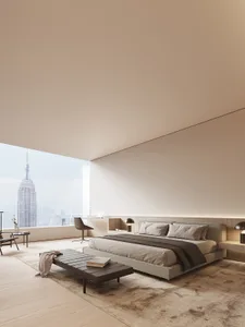 A modern, minimalist bedroom featuring a floating bed and floor-to-ceiling view.