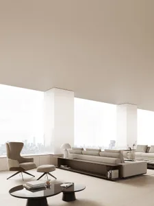A modern minimalist living room with a large window showcasing a city skyline.