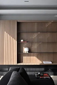 Modern minimalist living room with wooden shelving unit, minimal decor, and natural light.
