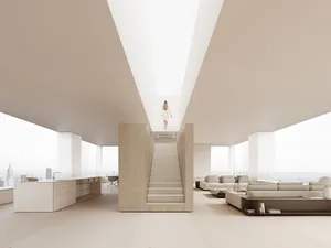 A minimalist residential interior featuring marble, wood, and glass materials.