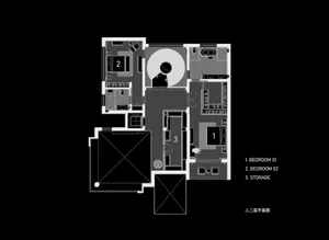 A detailed 2D architectural floor plan of a modern residential space featuring multiple bedrooms and storage areas.