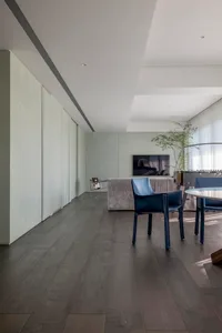 Contemporary living room featuring wood flooring and minimalist furniture.