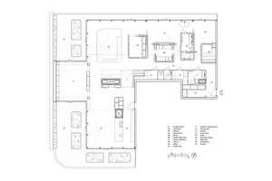Floor plan of a modern residential interior with labeled rooms and technical dimensions.