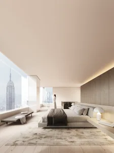 A modern minimalist bedroom featuring a wooden platform bed, a large window overlooking the city, and sleek, minimalist furni