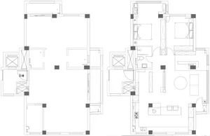A detailed line-drawing floor plan of a modern residential building in black and white.