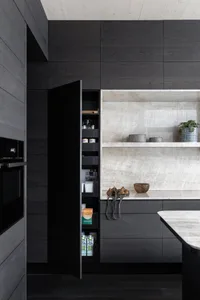 A modern minimalist kitchen featuring dark wood cabinets, marble countertops, and open shelving storage.