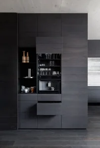 Modern kitchen with dark wood cabinets and a built-in coffee machine.