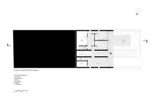 Floor plan of a modern house showing architectural details and functional spaces.