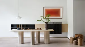 A modern interior design featuring a wooden living room with minimalist furniture, a large abstract painting, and a minimalis