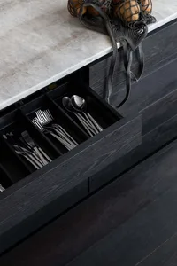 Modern kitchen with black marble countertop and black cabinets
