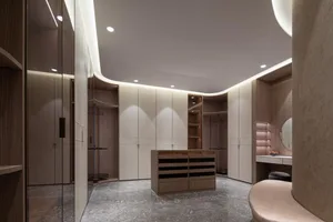 Modern closet with marble floor and wooden cabinets