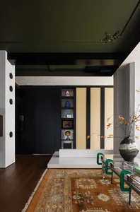 A modern living room with dark wood flooring, a patterned rug, and a minimalist shelf.