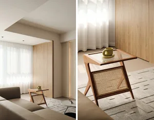 Modern, minimalist living room with light wood furniture and floor-to-ceiling windows.