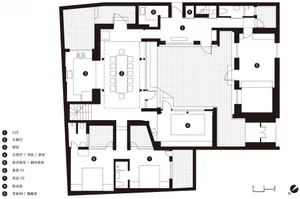 Floor plan of a house showing various rooms and spaces including a living room, kitchen, bedrooms, and bathrooms.