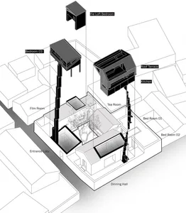 3D architectural plan of an industrial residential interior with steel and concrete elements.
